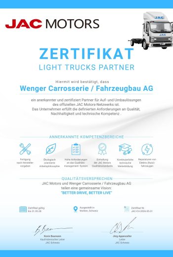 Zertifikat JAC Motors Light Trucks